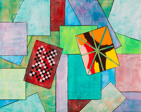 A painting of cards in random orientations.