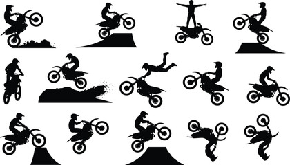 Black motocross silhouettes set with dirt bike riders performing stunts, jumps, wheelies and extreme racing moves isolated on white background, © Mokbul