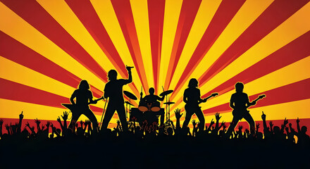 Silhouetted Rock Band Performing on Stage with a Vibrant Sunburst Background.