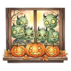 Spooky Halloween Scene - Adorable Monsters Peeking Through a Window with Pumpkins.