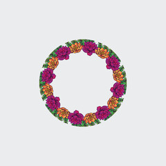 Fototapeta premium Circular floral ring design featuring alternating vibrant pink and orange flowers surrounded by green leaves.