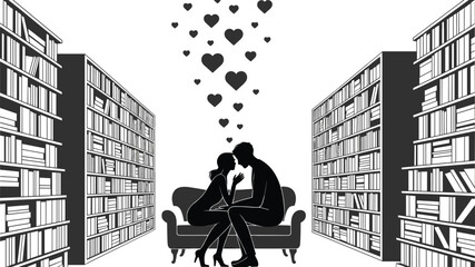 Black vector silhouette of a romantic couple sitting on a sofa in a library surrounded by bookshelves and floating hearts for love branding © MdAnowarHossain