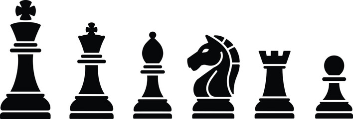 Chess pieces silhouette set including king, queen, bishop, knight, rook and pawn isolated on white background, strategy board game concept black vector illustration © Moklesur