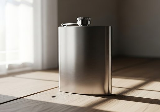 Stainless steel hip flask on tiled floor by the window