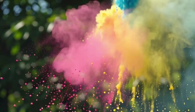 Slow motion colorful Holi powder explosion with pink yellow and blue gulal swirling in sunlight festive celebration background