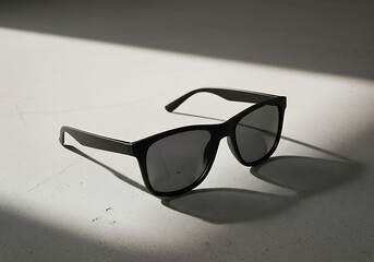 Pair of black sunglasses on white surface with shadows