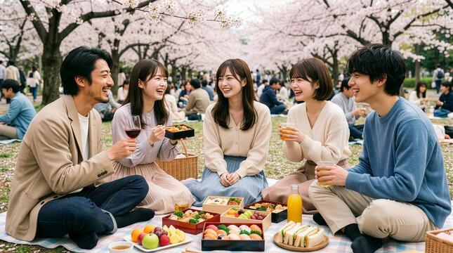 満開の桜の中で花見を楽しむ親しい仲間たち