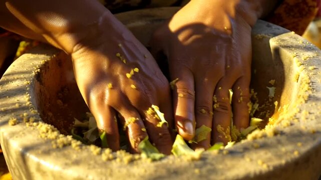 Traditional preparation of natural ingredients in a mortar.