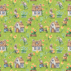 Seamless background village of spring rabbits and daffodils