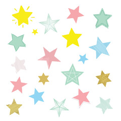 Obraz premium Colorful, hand-drawn star illustrations with various colors and textures on white