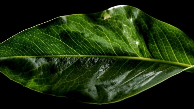 Close-up of a vibrant green leaf with intricate vein patterns against a stark black background, highlighting natural beauty and botanical detail.