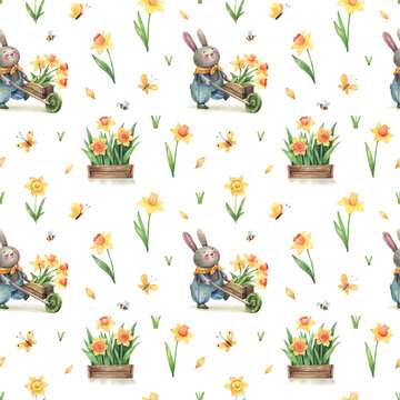 Seamless background rabbit gardener and daffodils
