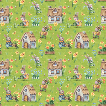 Seamless background village of spring rabbits and daffodils