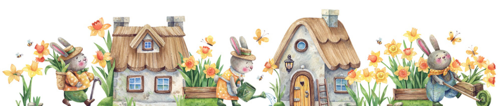 Rabbits in the Daffodil Village Watercolor Illustration