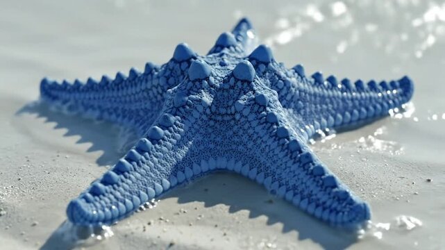 A vibrant blue starfish resting on a sandy beach by the ocean.
