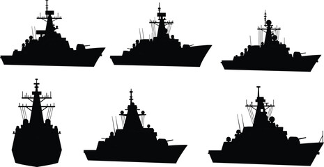 Modern naval warship silhouette set, military destroyer and frigate ships isolated on white background for defense illustration design © MdNurAlam