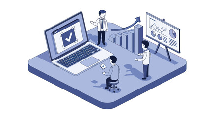 Obraz premium Business meeting with laptop and charts showing growth and success.