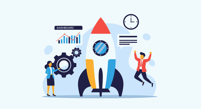 Business Startup Launch with Rocket and Team.