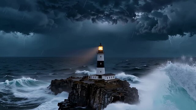 lighthouse lightning storm over rough sea on rocky outcrop