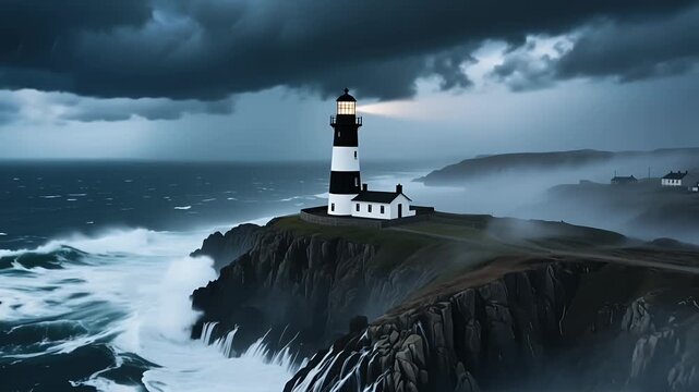 lighthouse stormy coast waves crashing against cliffs