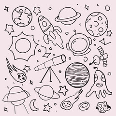 Cute Space Doodle Vector Set &ndash; Cartoon Hand Drawn Astronomy Illustration for Kids Coloring Page