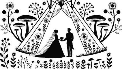 Black vector silhouette of a romantic wedding couple under a teepee tent surrounded by whimsical mushrooms and wild flowers for bohemian marriage event branding © ROJUFA