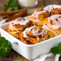 A white baking dish with sweet pastries and icing on a wooden table