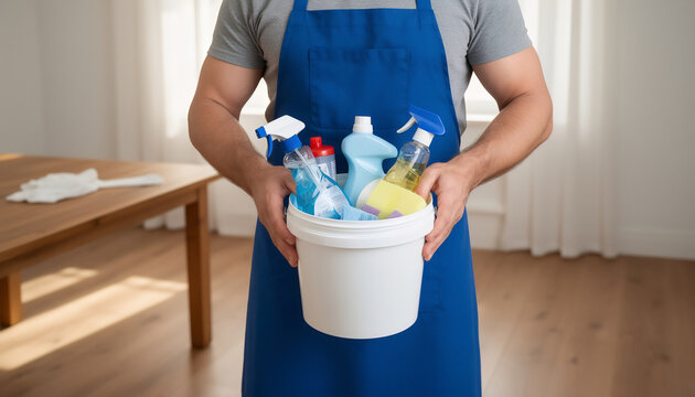 Man in Blue Apron Holding Bucket of Cleaning Supplies