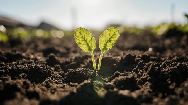 Twin Leaf Emergence. Seed Germination & New Life Emerging from Soil. Optimism. Perfectly symmetrical leaves of a pumpkin seedling popping out of the dirt in one clean motion, set in a vegetable patch

