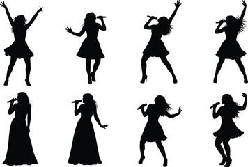 Obraz premium Black vector silhouette set of a female singer performing with a microphone in various expressive poses for live concert music festival and entertainment branding