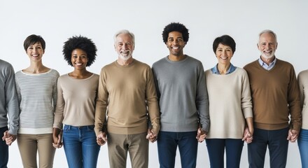 Obraz premium Diverse group of happy people holding hands, smiling