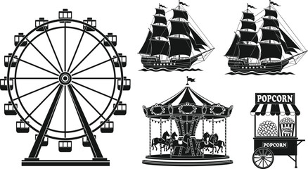 Black vector silhouette set of amusement park attractions including ferris wheel carousel popcorn cart and vintage sailing ships for carnival and fairground branding © ROJUFA