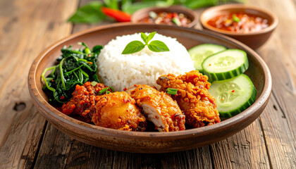 Fototapeta premium Delicious Indonesian Fried Chicken with Rice and Vegetables