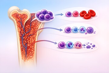 Hematopoiesis Process Inside Bone Marrow Colorful Blood Cell Production Stages Medical Modern Flat Vector Illustration 
