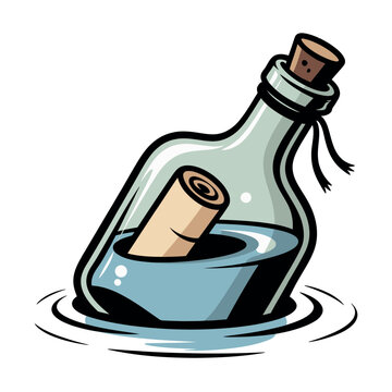 Message in a glass bottle floats on water surface waiting for discovery.
