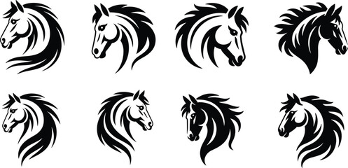 Horse head silhouettes collection with flowing mane designs isolated on white background, elegant equine logo elements for ranch, sport and tattoo concept © Moklesur