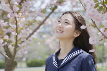 桜と笑顔の女子高校生 Generative AI