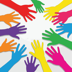 Colorful hands form a circle against a light grey background