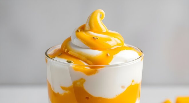 Thick Greek Yogurt Mango Lassi With Foamy Swirl Top, Creamy Tropical Smoothie Drink Close-Up, Refreshing Indian-Inspired Yogurt Beverage