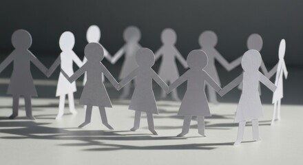 Circle of paper dolls holding hands, casting shadows, symbolizing community and unity