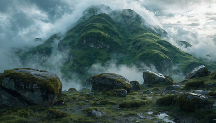 Misty green mountain peak with dramatic clouds and rocky terrain in serene highland landscape