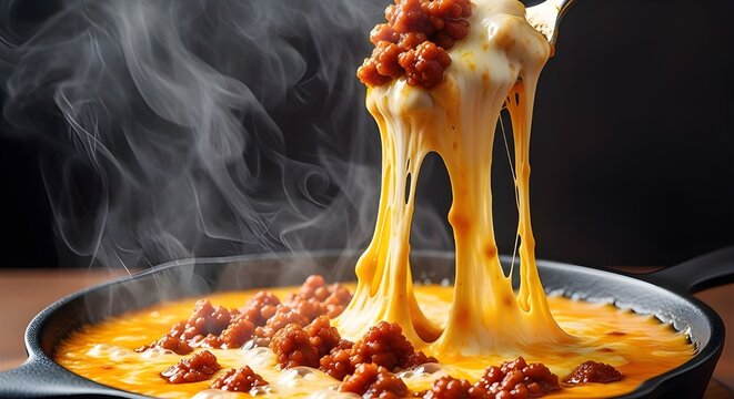 Gooey Melted Queso Fundido Loaded With Spicy Chorizo Sausage, Irresistible Cheesy Pull And Stretch Close-Up, Perfect Mexican Appetizer Or Party Dip Delight