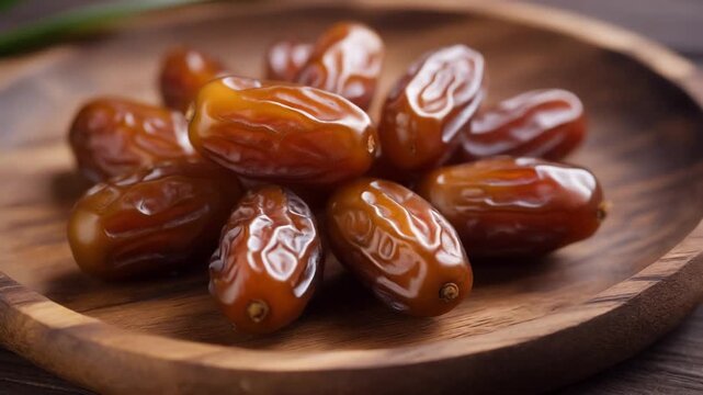 Close-up of succulent dates piled on a wooden plate, showcasing their glossy texture and rich brown color in a still life setup.
