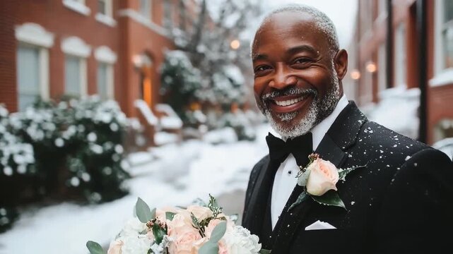 Elegant groom smiling with bouquet in snowy urban setting, capturing a joyful winter wedding moment
