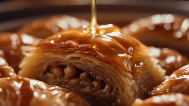 A close-up shot of sweet honey being poured onto a piece of baklava dessert