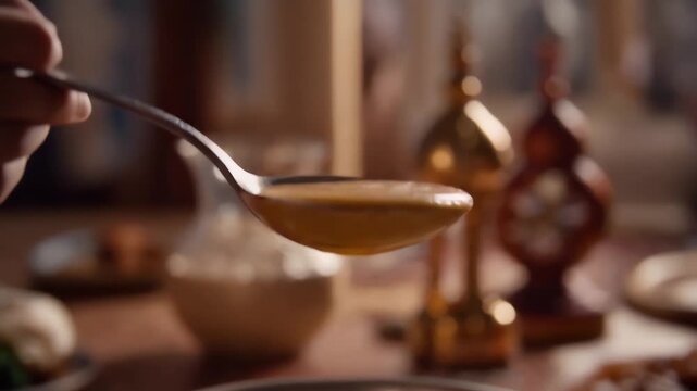 A spoon drizzles syrup in a luxurious dining setting with warm lighting and elegant decor