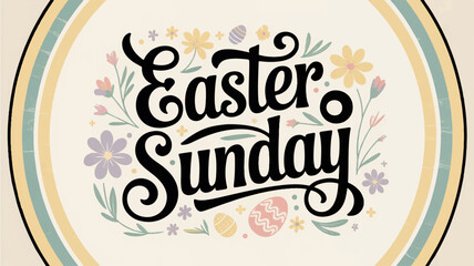 Easter sunday celebration badge with floral design and vintage typography on beige background