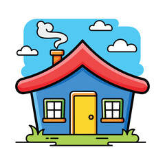 Fototapeta premium Colorful illustrated cartoon house with blue sky and clouds