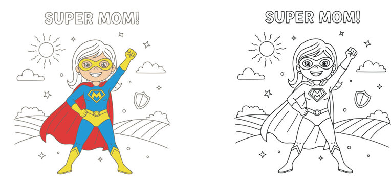 Super Mom coloring book page vector illustration. Cute superhero mother character in color and outline for kids activity. Happy Mothers Day concept cartoon.