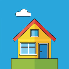 Colorful illustrated home with blue door, red roof, and cloud